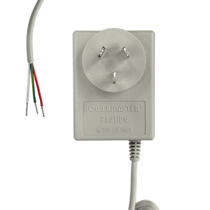 Top front view of the 18V AC transformer with Australian plug and tinned cables visible.