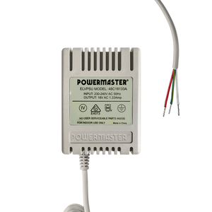 Top back view of the 18V AC power supply showing the Powermaster logo and tinned cables.