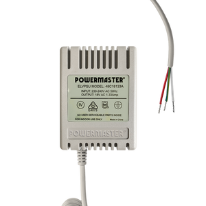 Top back view of the 18V AC power supply showing the Powermaster logo and tinned cables.