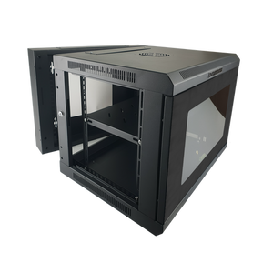The 9RU cabinet swung open on its rear hinges for easy installation access.