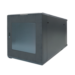 Front and side view of the 9RU swing frame cabinet fully closed and secured.