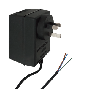 Side front view of the 24V AC security power supply, showing the Australian pins and the stripped and tinned output wire.