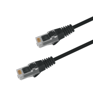 Underside view of the RJ45 connector on a 0.25m Black] slim Cat6 cable, showing the flexible, protected locking tab.