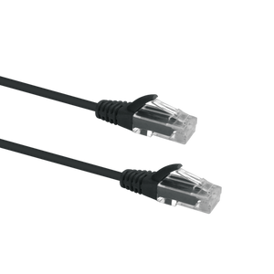 Profile view of the snagless boot on a 0.25m Black Datamaster slim Cat6 patch cable, highlighting its ultra-thin design.