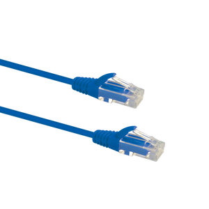 Profile view of the snagless boot on a 0.25m Blue Datamaster slim Cat6 patch cable, highlighting its ultra-thin design.