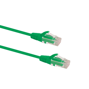 Profile view of the snagless boot on a 0.25m Green Datamaster slim Cat6 patch cable, highlighting its ultra-thin design.