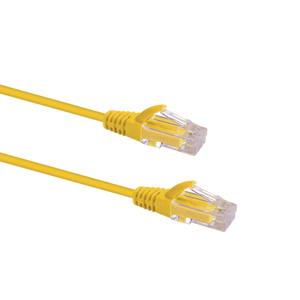 Profile view of the snagless boot on a 0.25m Yellow Datamaster slim Cat6 patch cable, highlighting its ultra-thin design.