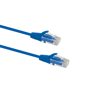 Profile view of the snagless boot on a 1.5m Blue Datamaster slim Cat6 patch cable, highlighting its ultra-thin design.