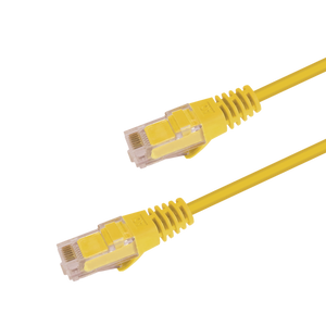 Underside view of the RJ45 connector on a 1.5m Yellow slim Cat6 cable, showing the flexible, protected locking tab.