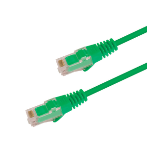 Underside view of the RJ45 connector on a 0.5m Green slim Cat6 cable, showing the flexible, protected locking tab.