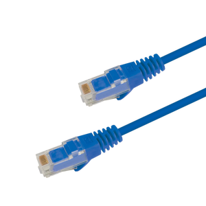 Underside view of the RJ45 connector on a 1m Blue slim Cat6 cable, showing the flexible, protected locking tab.