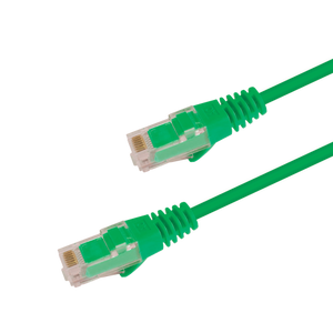 Underside view of the RJ45 connector on a 1m Green slim Cat6 cable, showing the flexible, protected locking tab.