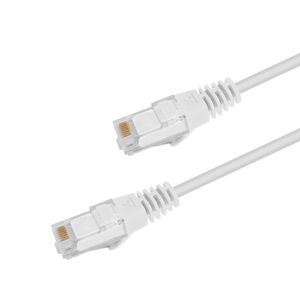 Underside view of the RJ45 connector on a 1m White slim Cat6 cable, showing the flexible, protected locking tab.