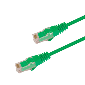 Underside view of the RJ45 connector on a 2m Green slim Cat6 cable, showing the flexible, protected locking tab.