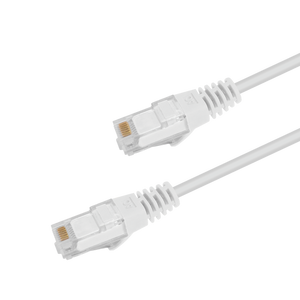 Underside view of the RJ45 connector on a 2m White slim Cat6 cable, showing the flexible, protected locking tab.