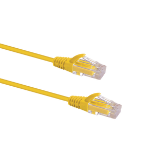 Profile view of the snagless boot on a 2m Yellow Datamaster slim Cat6 patch cable, highlighting its ultra-thin design.