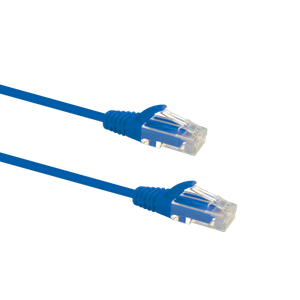 Profile view of the snagless boot on a 3m Blue Datamaster slim Cat6 patch cable, highlighting its ultra-thin design.