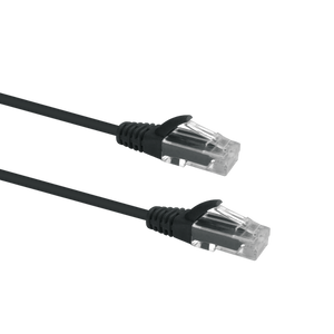 Profile view of the snagless boot on a 5m Black Datamaster slim Cat6 patch cable, highlighting its ultra-thin design.