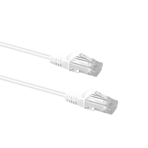 Profile view of the snagless boot on a 5m White Datamaster slim Cat6 patch cable, highlighting its ultra-thin design.