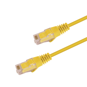 Underside view of the RJ45 connector on a 5m Yellow slim Cat6 cable, showing the flexible, protected locking tab.