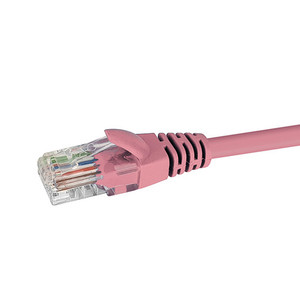 Close-up profile of the RJ45 connector and Pink jacket on a 3m Datamaster Cat6 U/UTP patch cable.