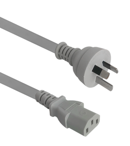 Side angled view of the 2-metre ash grey power cord, showing the IEC-C13 connector and the Australian 3-pin plug.