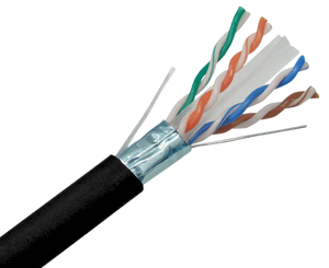 A close-up cross-section of the shielded outdoor Cat6 FTP cable, showing the foil shield, drain wire, and four twisted pairs within the black UV-stabilised jacket.