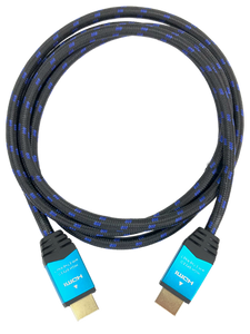 A top-down view of the 1-metre braided HDMI cable, coiled to show both gold-plated ends.