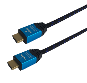 A side-angled view of the HDMI cable, highlighting the durable fabric sleeve.