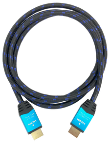 A top-down view of the 5-metre braided HDMI cable, coiled to show both gold-plated ends.