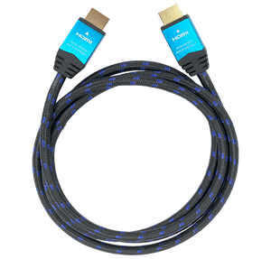 A top-down view of the 10-metre braided HDMI cable, coiled to show both gold-plated ends.