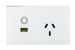 A direct front-on view of the single gang power point, showing the Australian socket and the USB-A charging port.