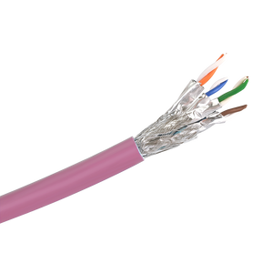 A side view close-up showing the premium construction of the Cat6a S/FTP cable, with its overall braid, foil-wrapped pairs, and pink LSZH jacket.