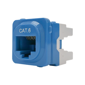 A side profile of the blue Cat6 IDC data jack showing the RJ45 socket.