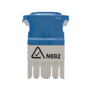 An upright front view of the blue Cat6 data jack.