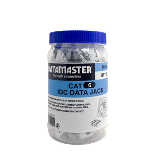 A Datamaster workshop jar containing white Cat6 IDC data jacks.