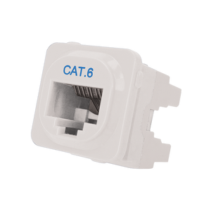 A detailed side profile of the white Cat6 IDC data jack.