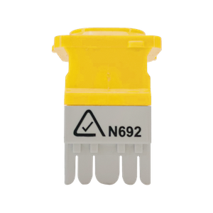 A direct front-on view of the yellow Cat6 data jack.