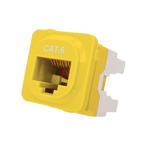 A side profile of the yellow Cat6 IDC data jack showing the RJ45 socket.