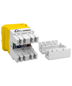 A view of the rear of the yellow Cat5e data jack, showing the IDC termination points.