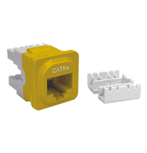 A side profile of the yellow Cat5e IDC data jack, showing the termination block cover.