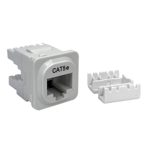 A side profile of the white Cat5e IDC data jack, showing the termination block cover.
