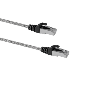 Close-up side angle of two 2m slim armoured Cat6A cables, showing the shielded RJ45 boot and durable outer jacket.