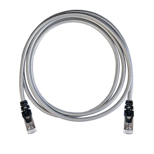 Top-down view of a coiled 1.5m slim armoured Cat6A patch cable with both shielded RJ45 connectors visible.