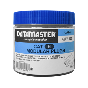 The Datamaster screw-top workshop jar filled with 100 2-piece Cat6 RJ45 modular plugs.

