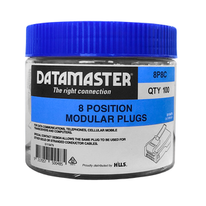 The screw-top Datamaster jar filled with 100 universal Cat5e RJ45 modular plugs.


