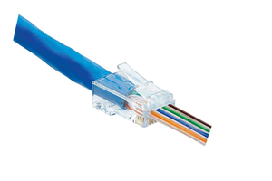 An image demonstrating the pass-through design, with the individual Ethernet cable wires extending through the front of the RJ45 plug.