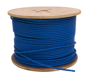 The 305m wooden reel of blue Datamaster® Cat6a U/UTP Solid LSZH network cable, ready for installation.