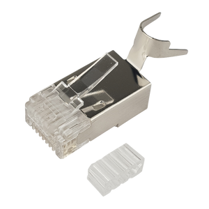 An angled front view of the 2-piece shielded RJ45 plug, highlighting its metal casing.