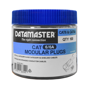 The Datamaster jar containing 50 of the 2-piece shielded Cat6/6a plugs.